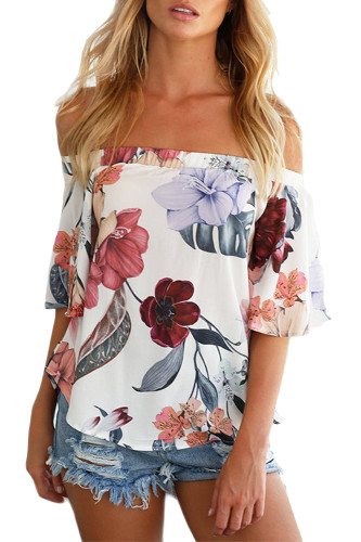 White Red Floral Print Half Sleeve Off Shoulder Blouse