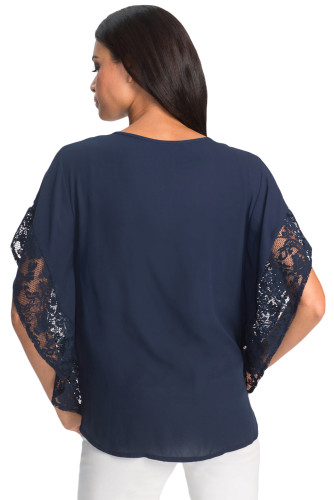 Navy Lace Splice Batwing Sleeve Chiffon Blouse