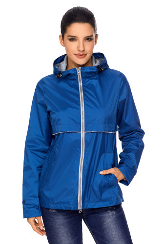 Blue Women Zipper Lapel Suit Blazer with Foldable Sleeve
