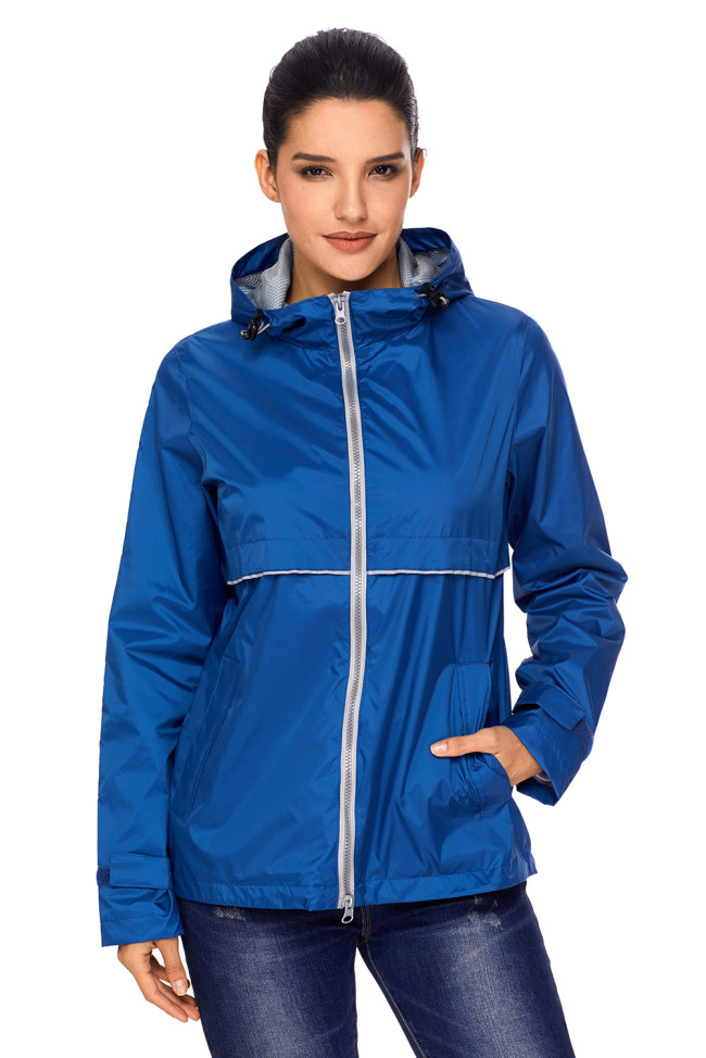 Blue Women Zipper Lapel Suit Blazer with Foldable Sleeve