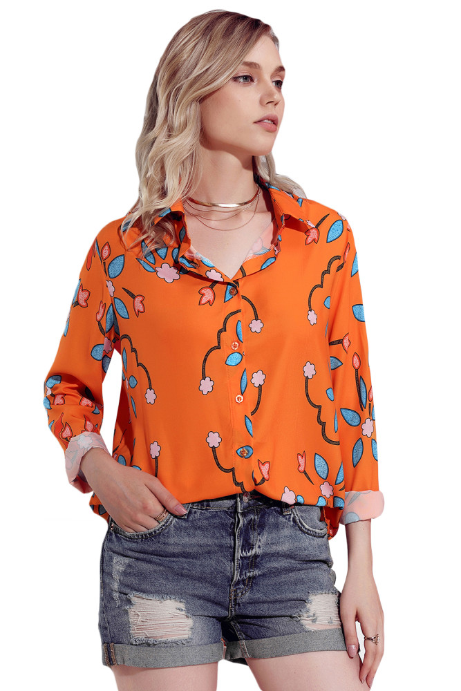 Orange Long Sleeve Floral Print Button Front Shirt