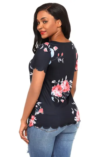 Black Pink Floral Scalloped Top