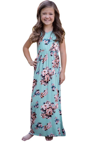 Light Blue Floral Print Sleeveless Little Girl Maxi Dress