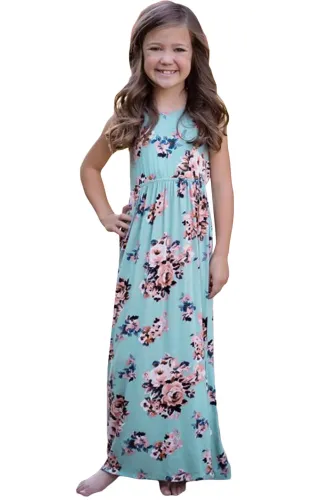 Light Blue Floral Print Sleeveless Little Girl Maxi Dress