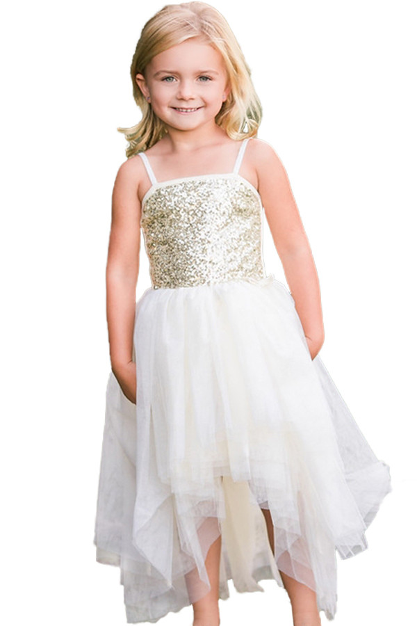 White Sequin Bodice Tulle Hi-low Dress