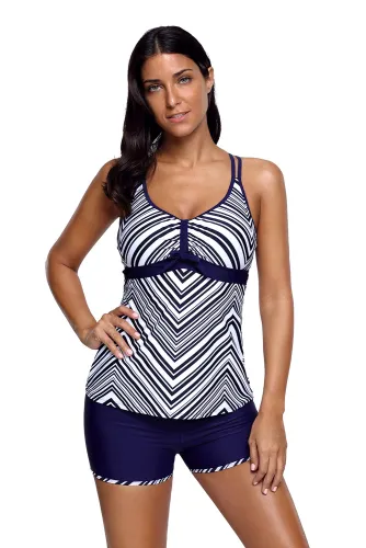 Navy Chevron Striped Print Tankini and Short Set