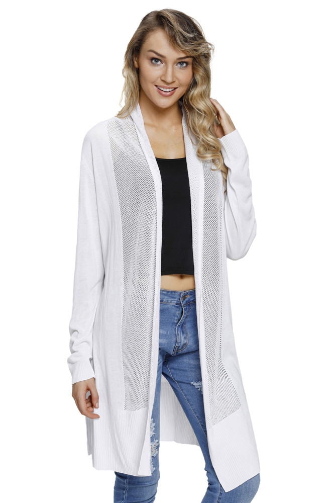 White Mesh Spliced Long Cardigan for Women