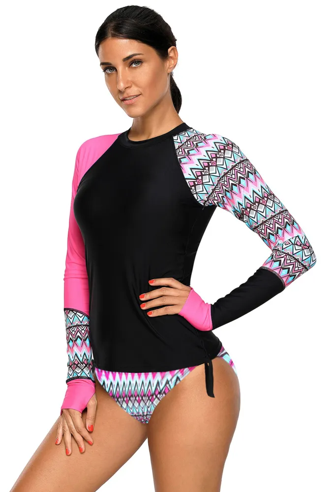 Contrast Rosy Detail Long Sleeve Tankini Swimsuit