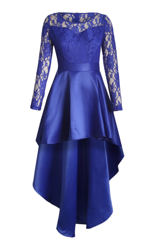Royal Blue Long Sleeve Lace High Low Satin Prom Dress