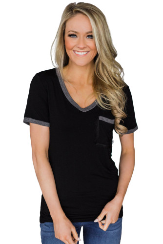 Gray Trimmed Black V Neck Pocket Top