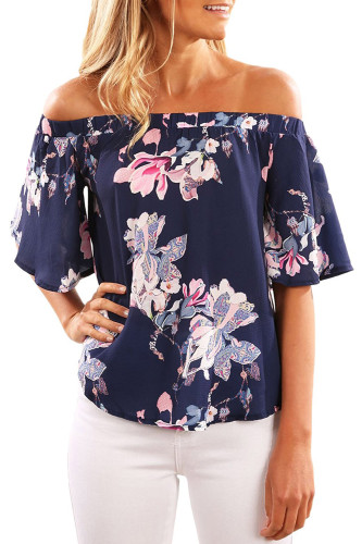 Navy Floral Print Half Sleeve Off Shoulder Blouse