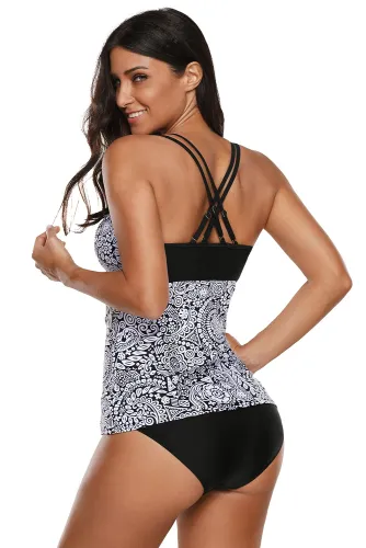 Monochrome Leavy Print 2pcs Tankini Bathing Suit
