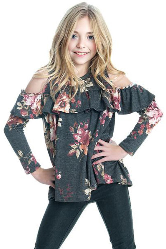 Black Floral Cold Shoulder Ruffles Girl Top