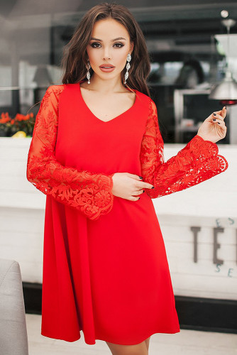 Red Sheer Floral Sleeve Swing Dress