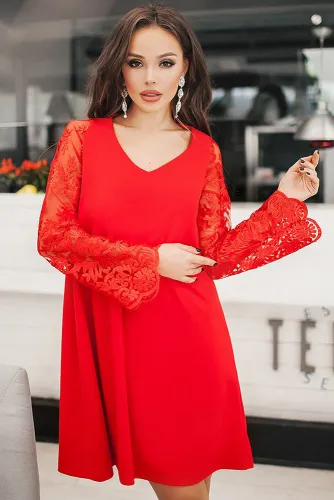 Red Sheer Floral Sleeve Swing Dress