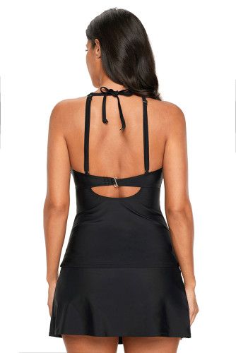 Black Macrame Strappy Detail Tankini and Skort Swimsuit