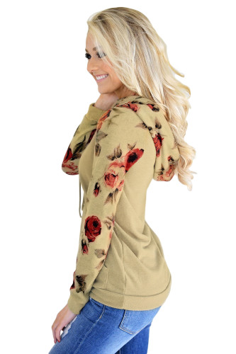 Khaki Kangroo Pocket Floral Hoodie