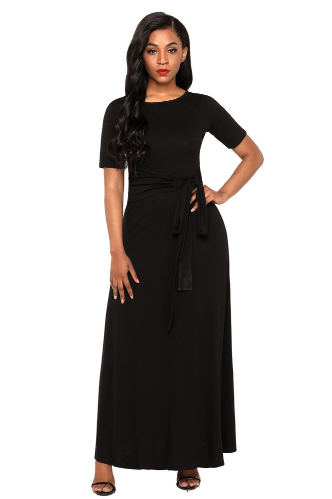 Black Wrap Gather Waist A-line Maxi Dress