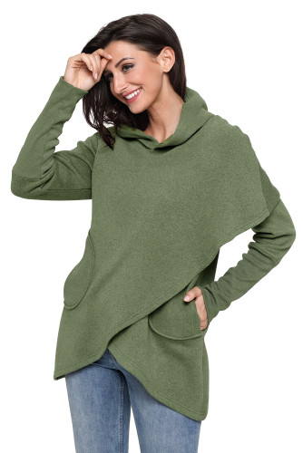 Army Green Tulip Wrap Cape Style Long Sleeve Hoodie