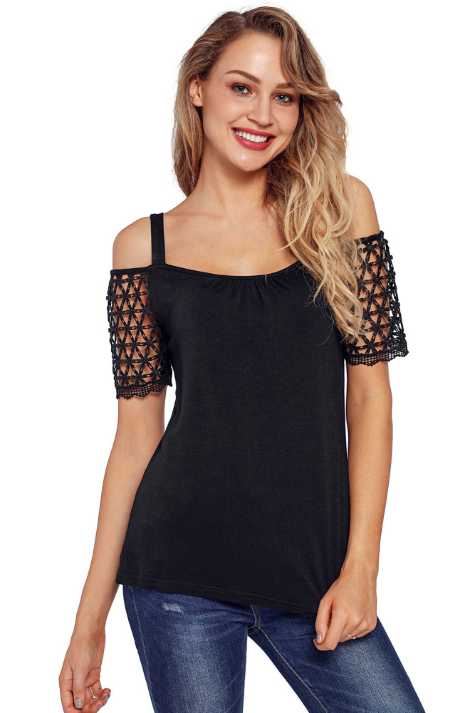 Black Floral Crochet Short Sleeve Cold Shoulder Top
