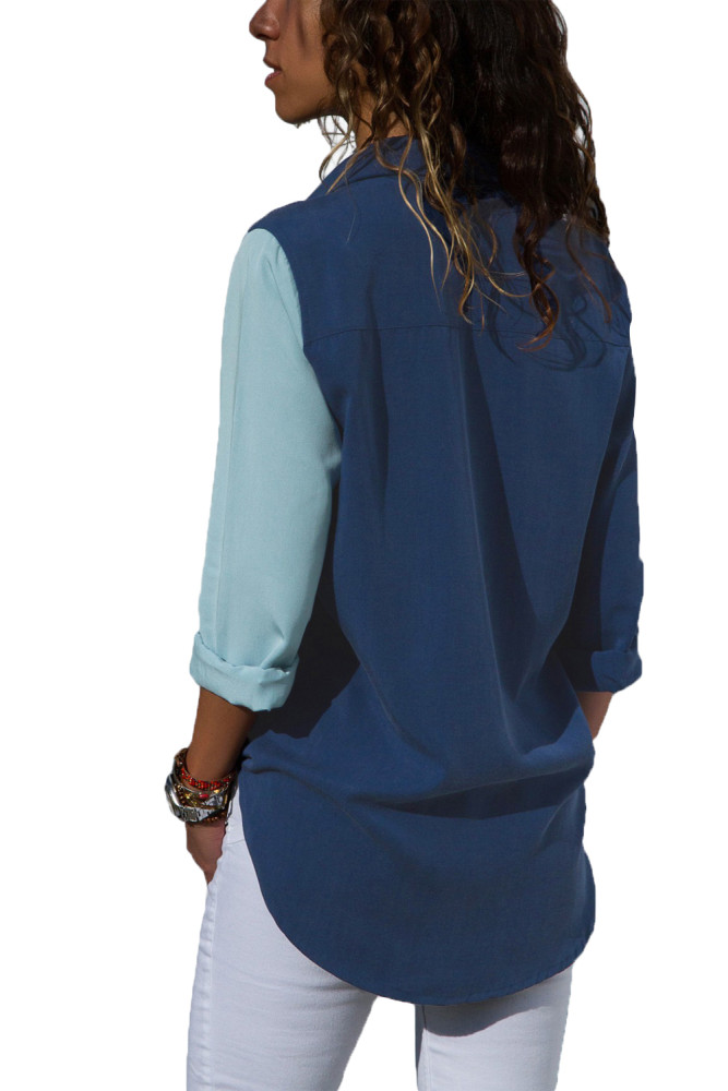 Navy Blue Color Block Long Sleeve Button Down Shirt