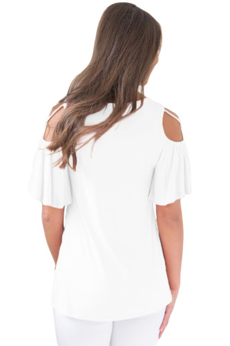 White Crisscross Cold Shoulder Ruffle Sleeve Top