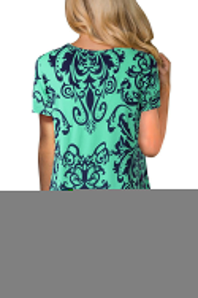 Mint Damask Print Irregular Hem Short Sleeve Blouse