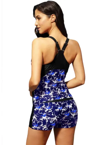 Blue Round Neck Flower Print Tankini Bathing Suit