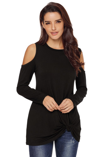 Black Cold Shoulder Knotted Hem Blouse Top