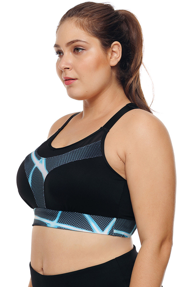 Black Mesh and Print Patchwork Yoga Bra