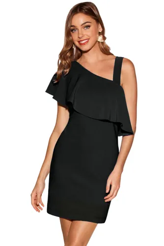 Black One Shoulder Ruffle Elegant Mini Dress