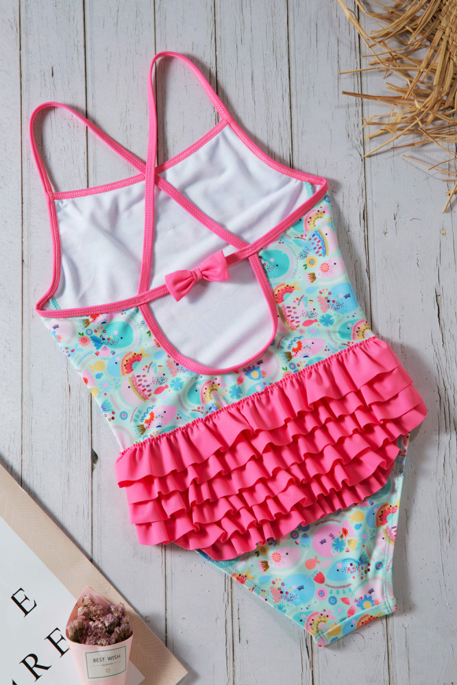 Girls’ Cartoon Fish World Ruffle Back Teddy Swimsuit