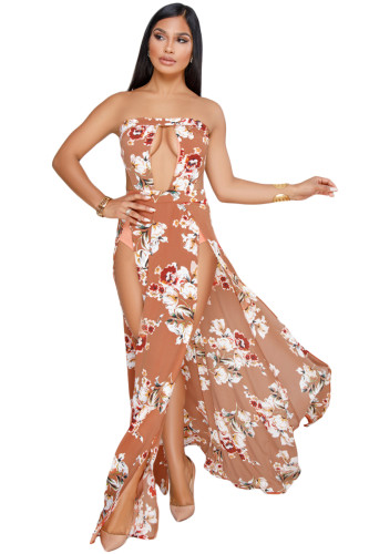 Orange Floral Print Slit Legs Strapless Jumpsuit