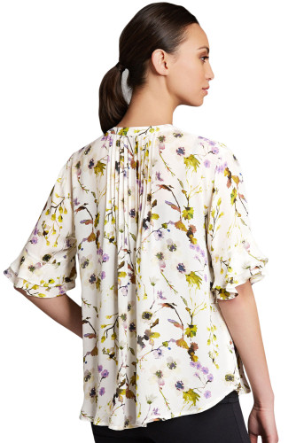 Draped Floral Blouse with Flounced Sleeves