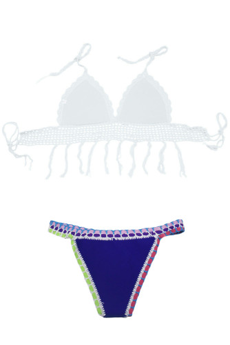 White Crochet Bikini Top Navy Neoprene Bottom