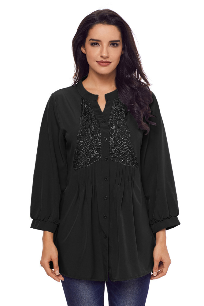 Black Lace and Pleated Detail Button up Blouse