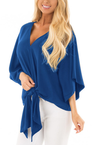 Navy Blue Tie Front Comfy Kimono Blouse