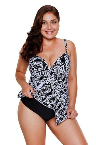 Monochrome Printed Flyaway Overlay 2pcs Swimsuit