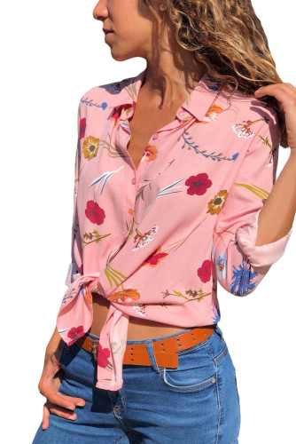 Pink Long Sleeve Floral Print Button Front Shirt