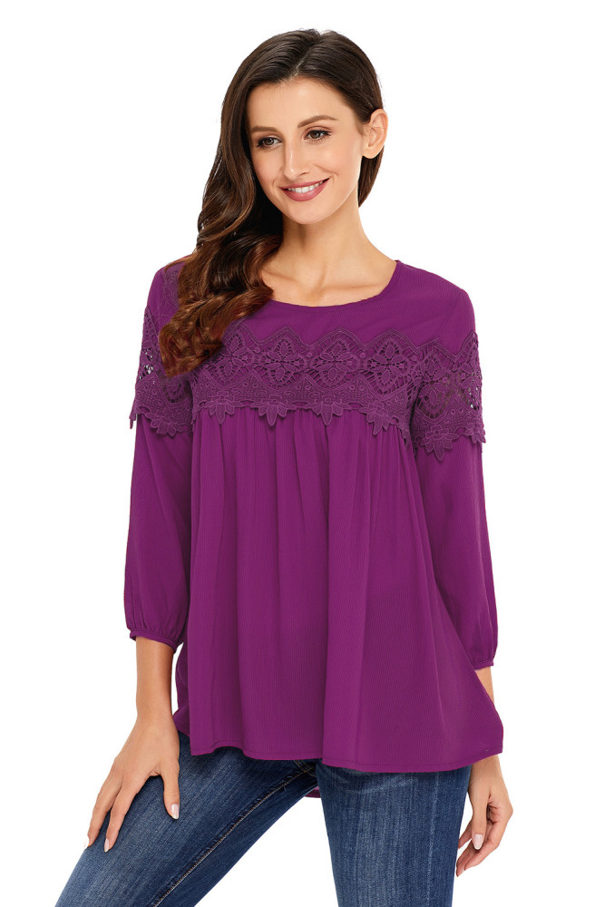Purple Crochet Detail Long Sleeve Babydoll Top