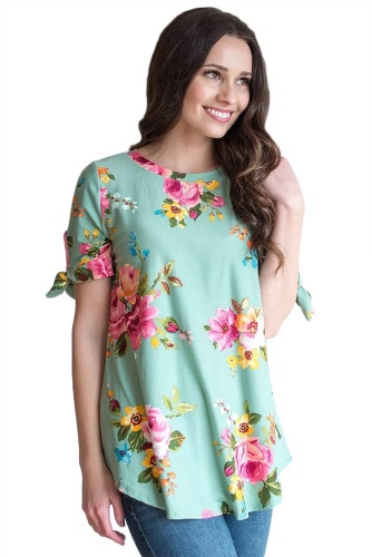 Grassy Floral Print Tie Detail Short Sleeve Blouse