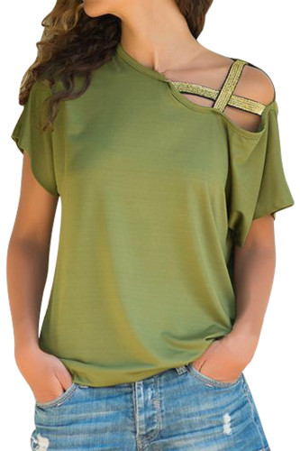 Glittery Cross Shoulder Detail Army Green Short Sleeve Tee