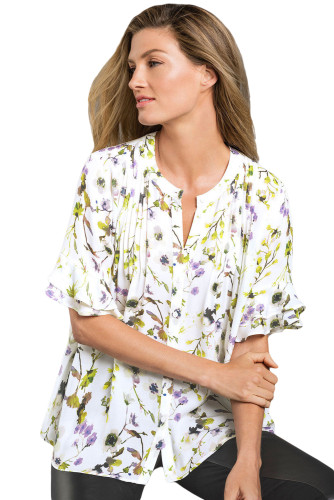 Draped Floral Blouse with Flounced Sleeves