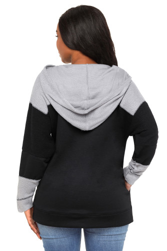 Waffle Knit Splice Black Pocket Hoodie
