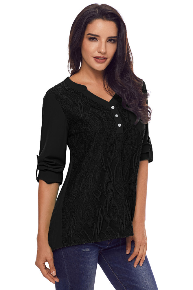 Black Lace Panel Split Neck Roll Tab Sleeve Blouse