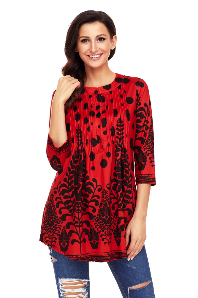 Red Black Floral Print Flowy Blouse
