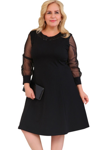 Black Sequined Round Neck Plus Size A-line Dress