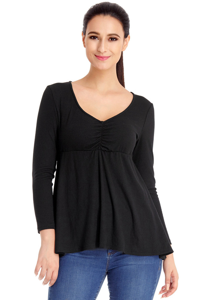 Black Pleated Long Sleeve V Neck Flared Top