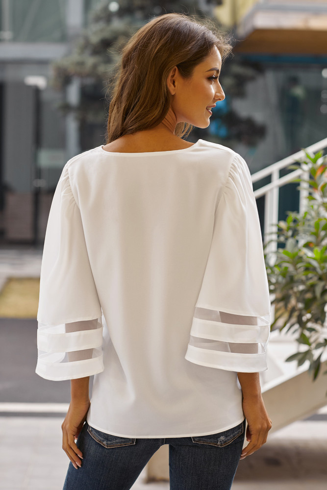 White Flare Sleeve V Neck Loose Blouse