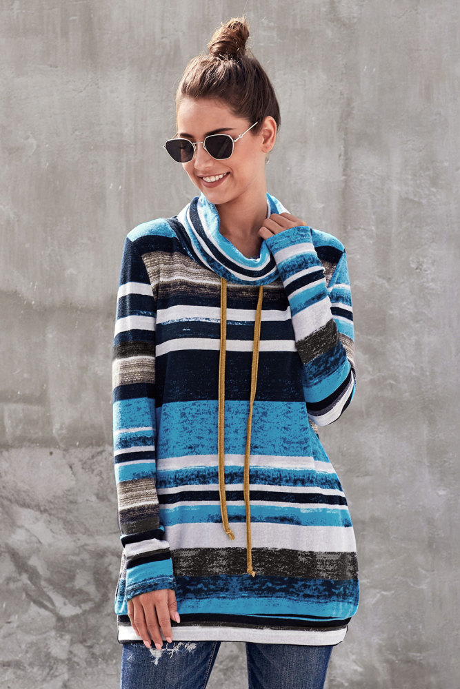 Blue Multicolor Cowl Neck Striped Long Sleeve Sweatshirt
